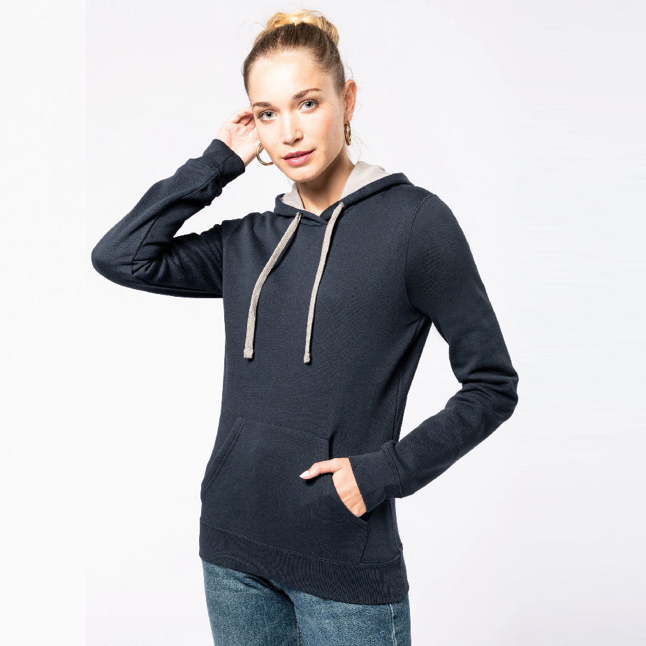 Kapuzensweatshirt bicolor Damen (K465) (XS, Black / Fine Grey, ohne Druck)