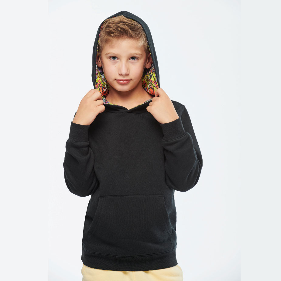 Kapuzensweatshirt mit kontrastfarbener Kapuze und Motiven für Kinder (6/8, ohne Druck)